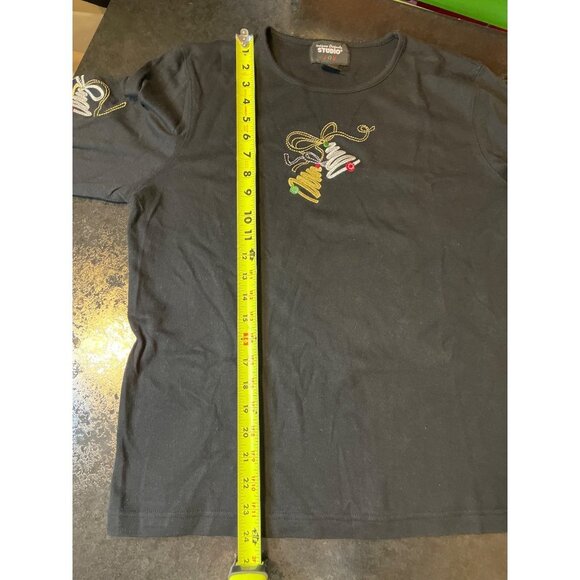 Designers Studio Black Holiday Bells Embroidered T Shirt Sz L - Picture 7 of 8